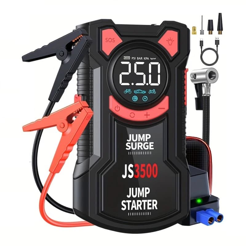 Avviatore di emergenza 5 in 1 con pompa d'aria Scatola di avviamento di picco 3000A Batteria da 150PSI con gonfiatore digitale per pneumatici Avviatore di emergenza per batteria per auto