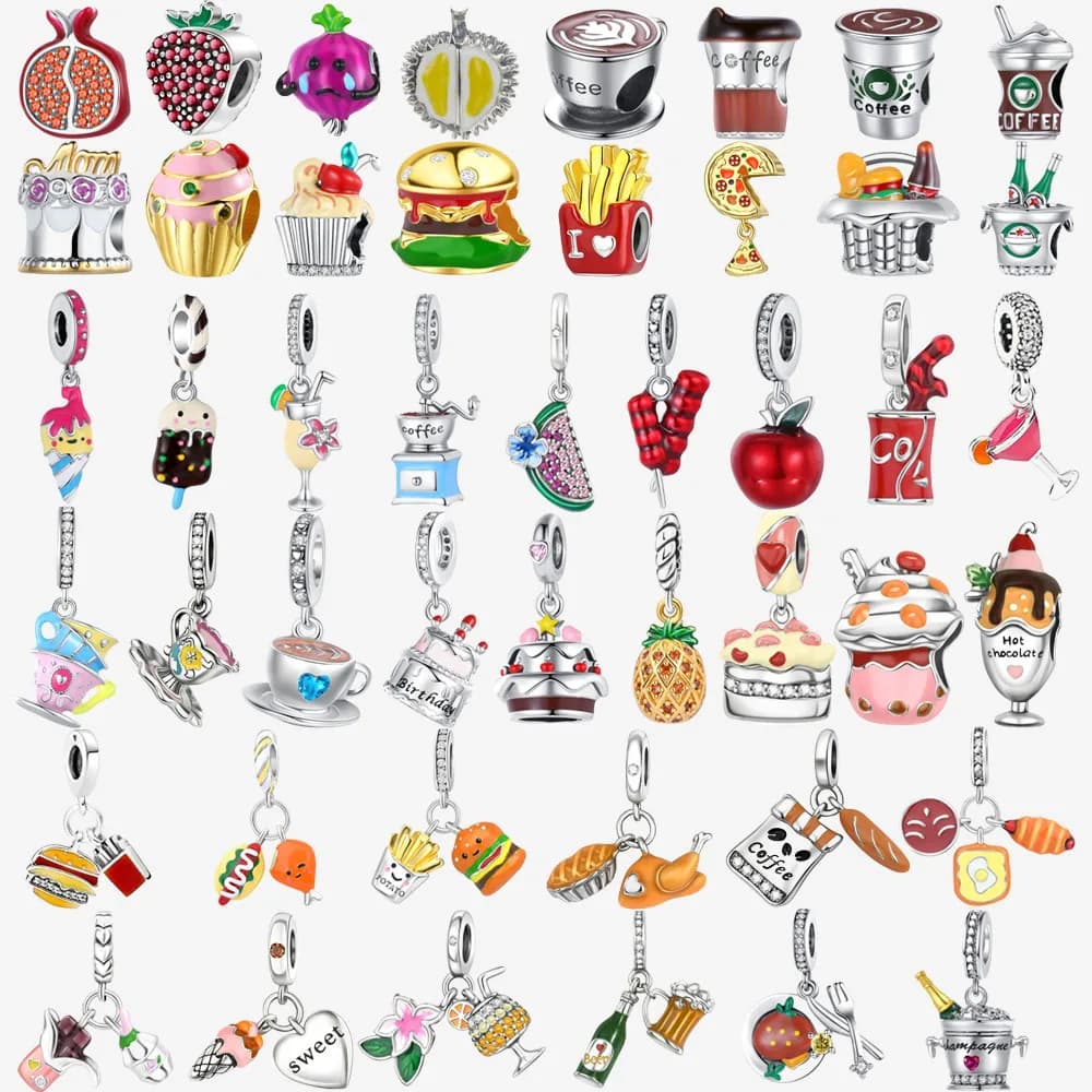 Food & Drink 925 Sterling Silver Pizza Ice Cream Coffee Fruit Dessert Dangle Charms Fit Original Bracelet Beads Jewelry DIY Gift