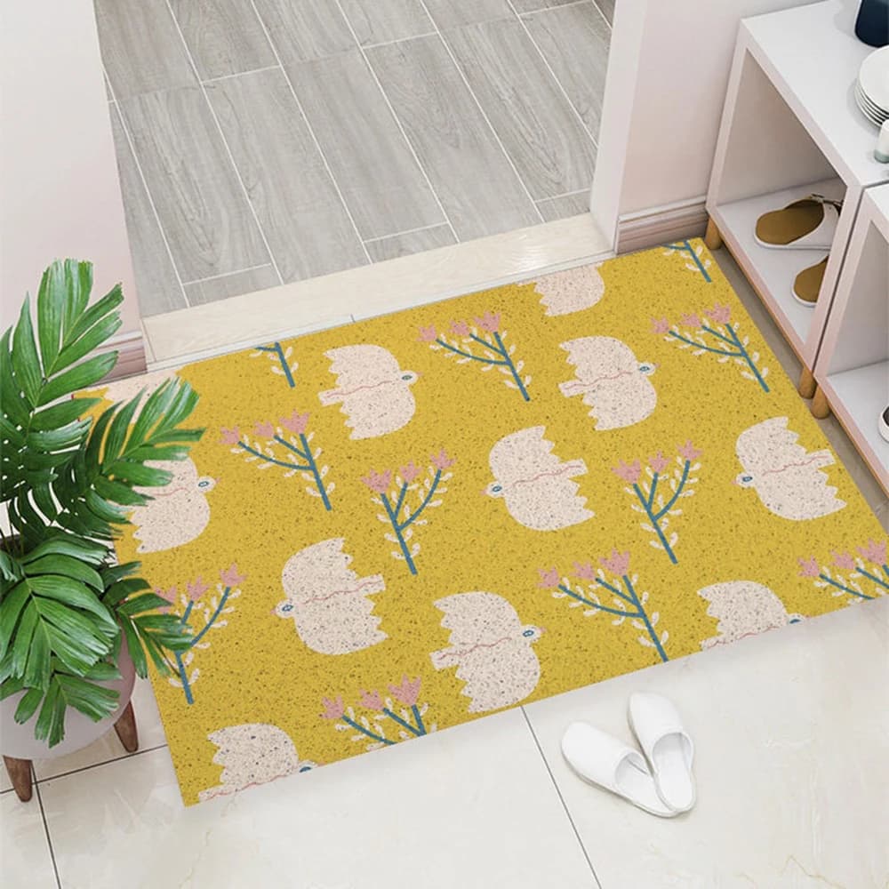 Entryway Doormat Yellow Floral Art Print Coil Mat Dirt Remove Washable Utility Mat Indoor Outdoor Rubber Backing Cat Litter Rug
