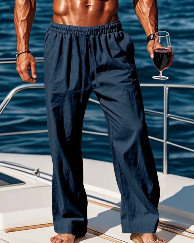 Nuovi pantaloni casual da uomo in cotone e lino, semplici e comodi, a gamba dritta con coulisse in vita