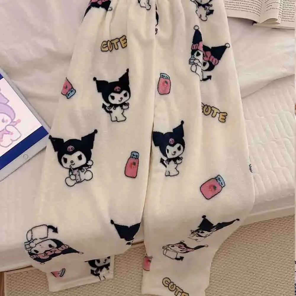 Hello Kittyflannel Pajama Pants Kuromi Women's Anime Cartoon Autumn and Winter Coral Velvet Casual Walking Pants Home Sleepwear