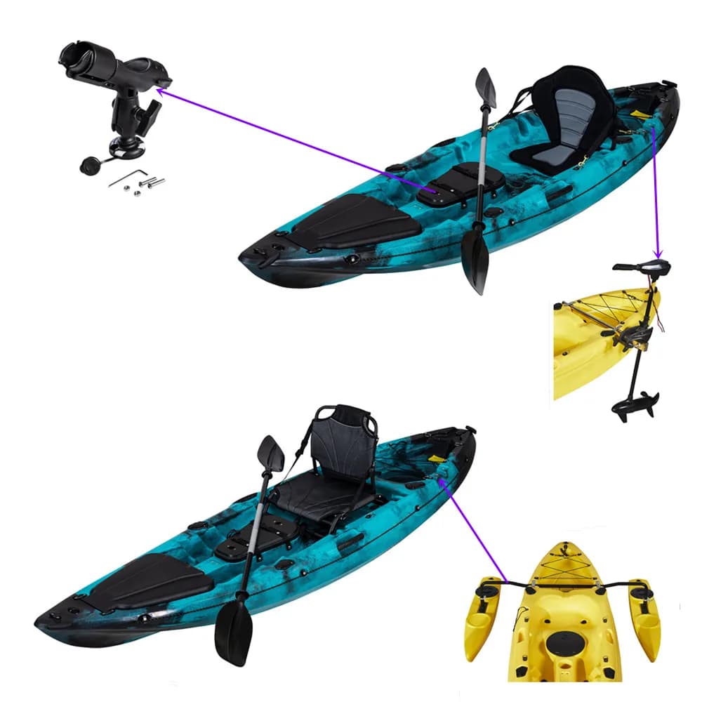 Kayak da Pesca Ricreativo Monoposto in Plastica Rotostampata Lake River con Pagaia, Sedile e Motore