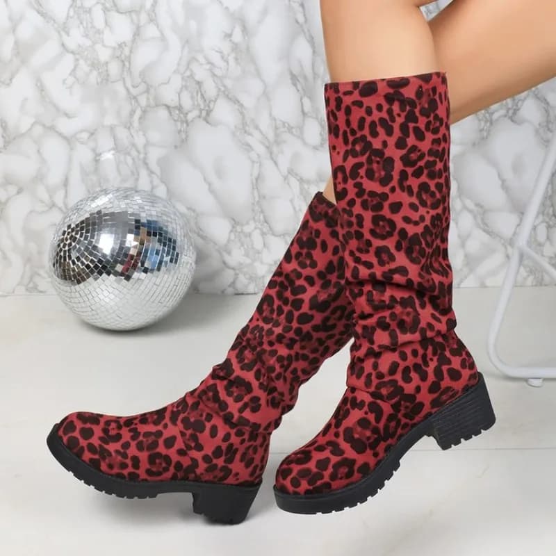 Winter Women's Chunky-Heel Round Toe suede Knee-High Boots Fashion Sexy leopard print Modern boots Outdoor anti-skid footwear