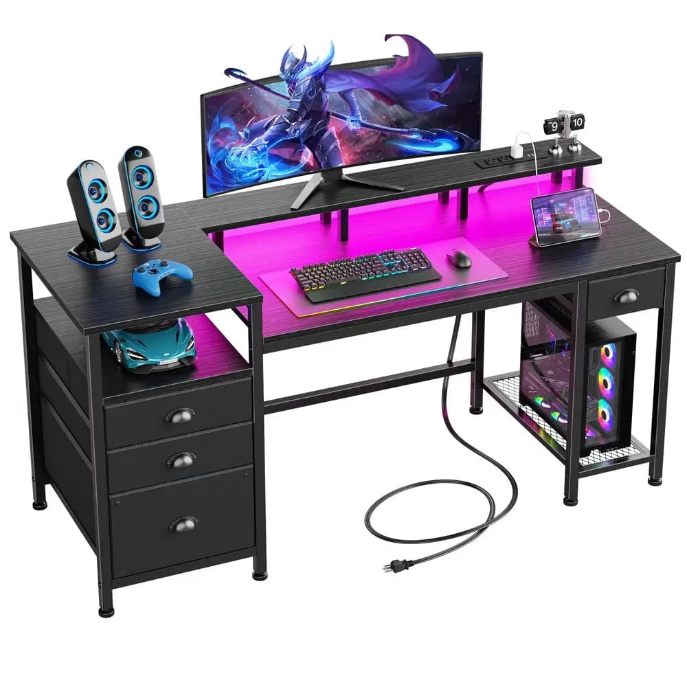 Scrivania per Computer Nera da 60 Pollici con 4 Cassetti e Spazio per Stampante, Scrivania da Gaming con Luci LED e Prese USB, Scrivania per Ufficio Domestico