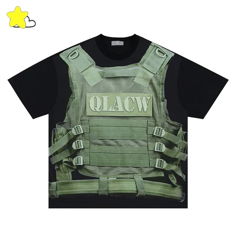 Summer High Street Tactical Vest Print Black Gray T-Shirt Men Women High Quality Cotton Tee Tops 2025 Oversized T Shirt
