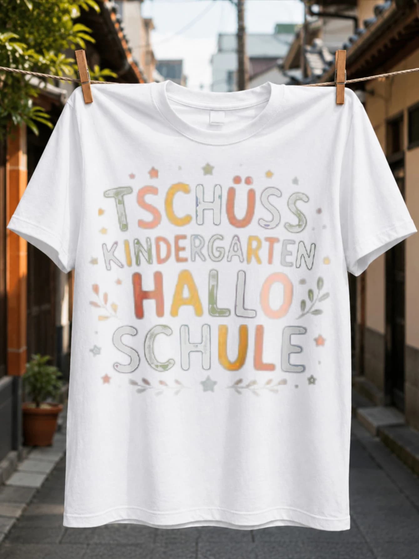Goodbye Kindergarten Hello School Pastel Multicolor Lettering with Stars and Leafy Flourishes First Unisex All T-Shirt