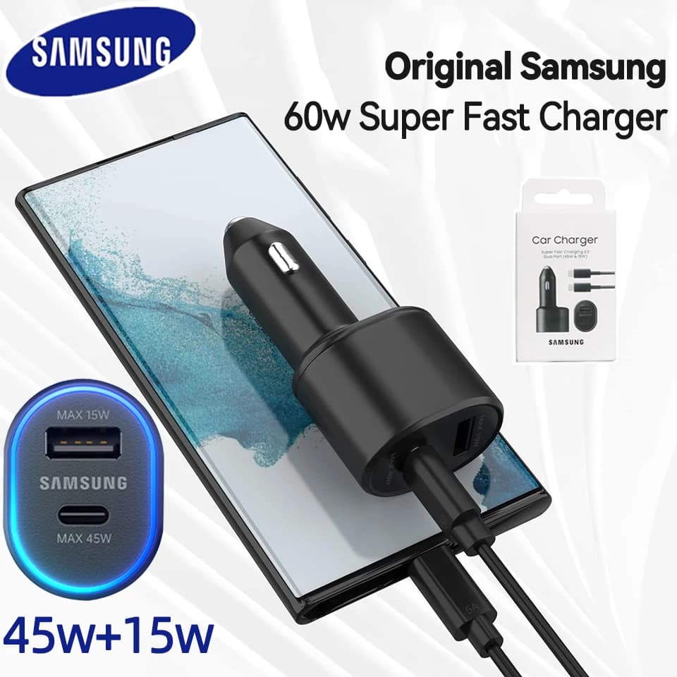 Pd Samsung Phones Charger Car 60w 45w 25w 15w Super Fast Charging 2.0 Dual Usb Galaxy S24 S23 Fe S22 Ultra S21 S20 Plus 5g S10 +