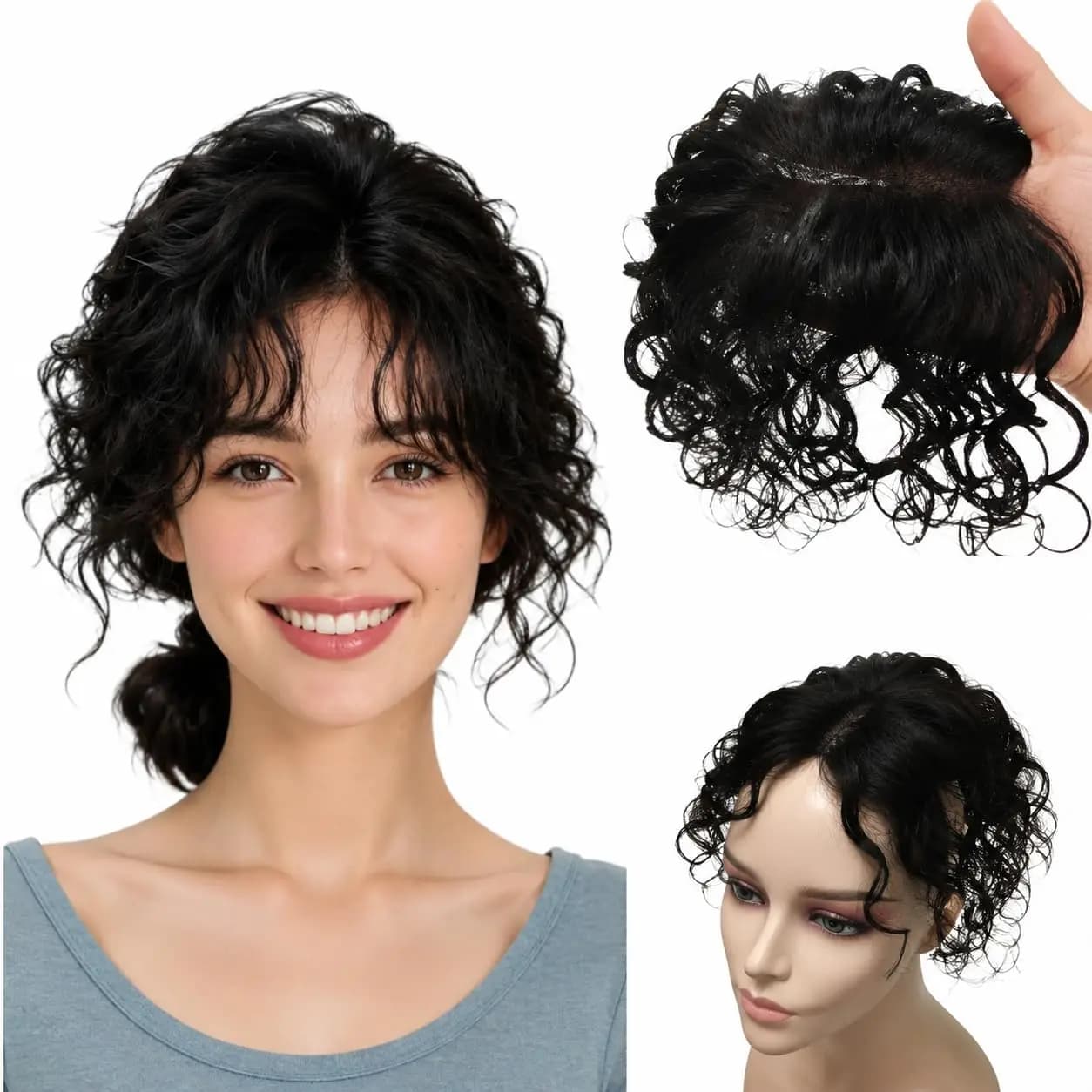 100% Real Human Hair Topper with Bangs Curly Clip-In Ultra Thin Lace Base Hairpiece for Women Natural Hair Loss Solution