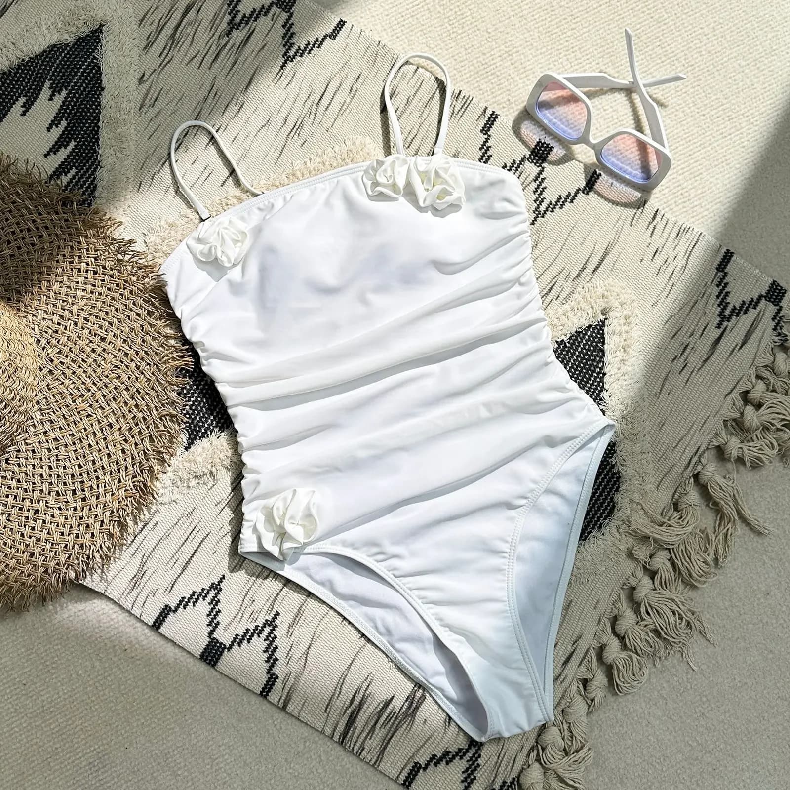 costume da bagno sexy fiore 3D costume intero bianco bikini imbottito perizoma costume da bagno femminile biquini