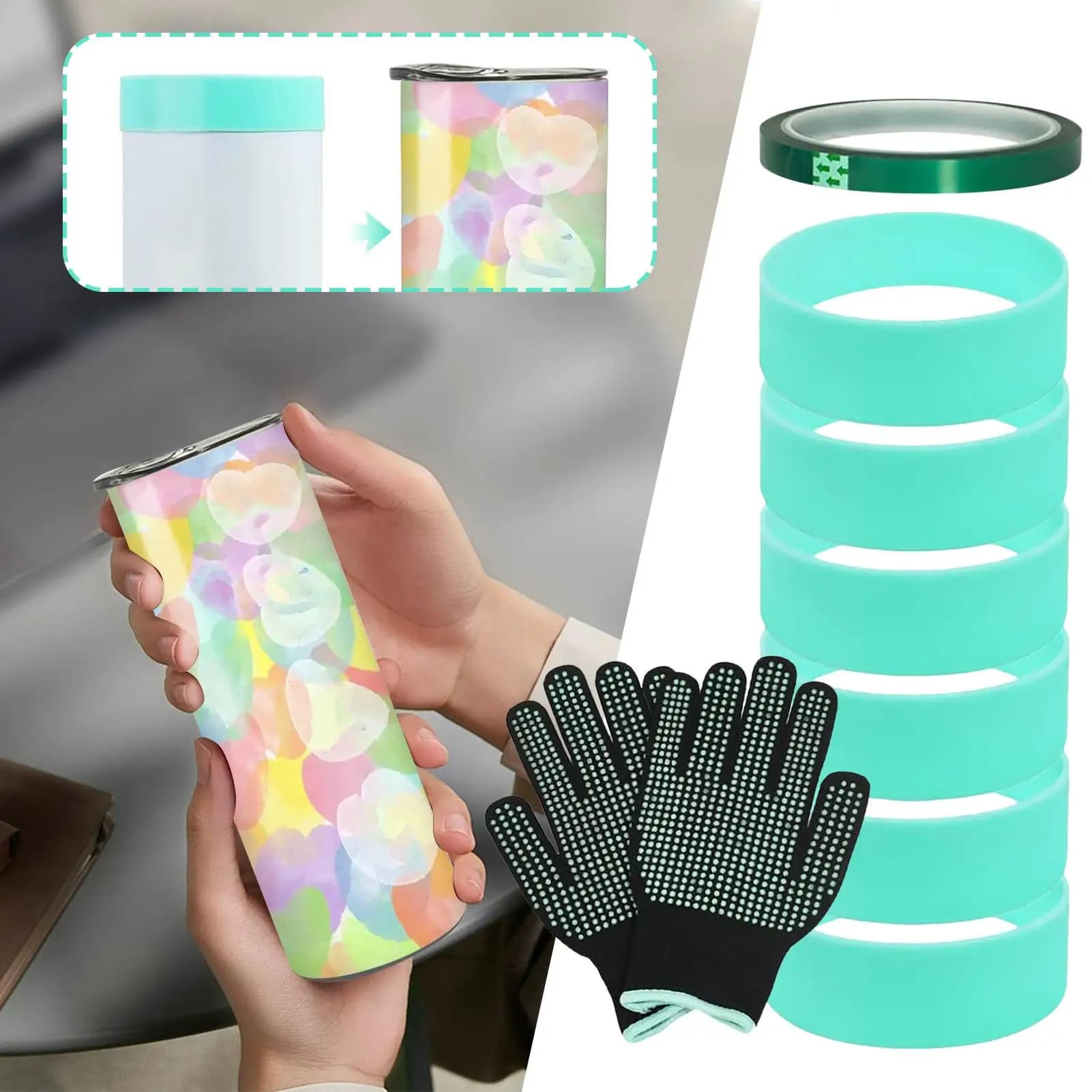 Glass Sublimation Phase 6 Pieces Heat-resistant wrap ring with ghost sleeve that reduces elastic for travel with artistic water bottle