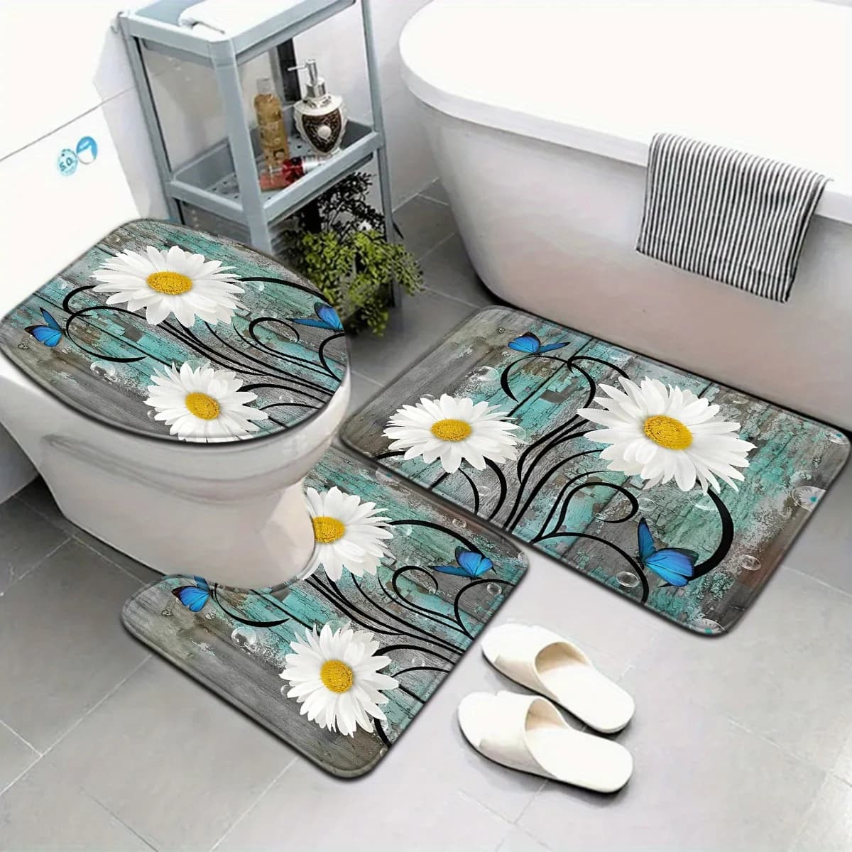 Set di 3 tappetini da bagno nordici con venature del legno floreali, piccoli fiori di margherita e farfalle, tessuto in poliestere, con piedini a forma di U