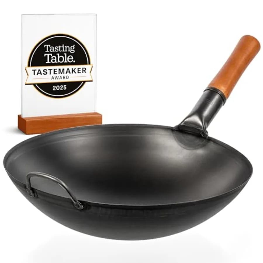 Wok in Acciaio al Carbonio da 14 Pollici con Fondo Rotondo, Pretrattato, per Stir-Fry, Padella Tradizionale Cinese e Giapponese in Acciaio Nero per Uso Esterno
