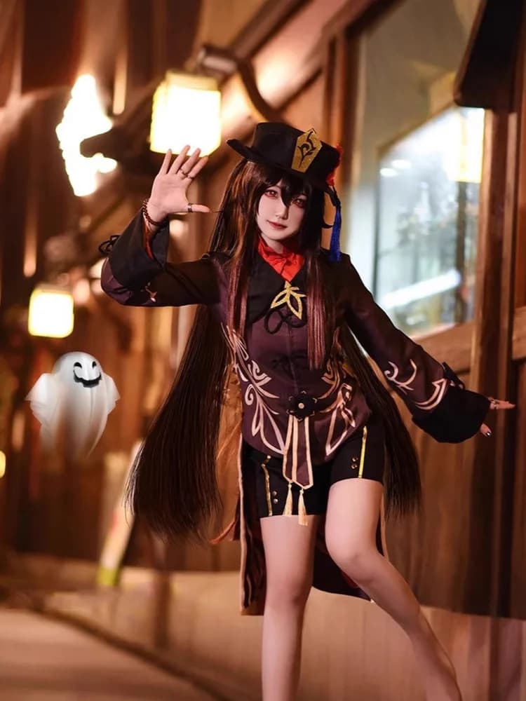 Costume Cosplay Hu Tao Genshin Impact Design Ufficiale - Set Completo con Cappello, Parrucca, Anello e Mantello per Donna Halloween Carnevale Anime