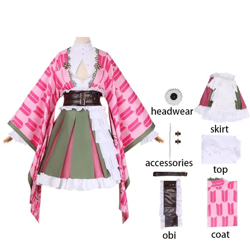 Anime style Mitsuri pink green color cosplay full set of costumes including wig, belt, skirt, top, coat and accessories