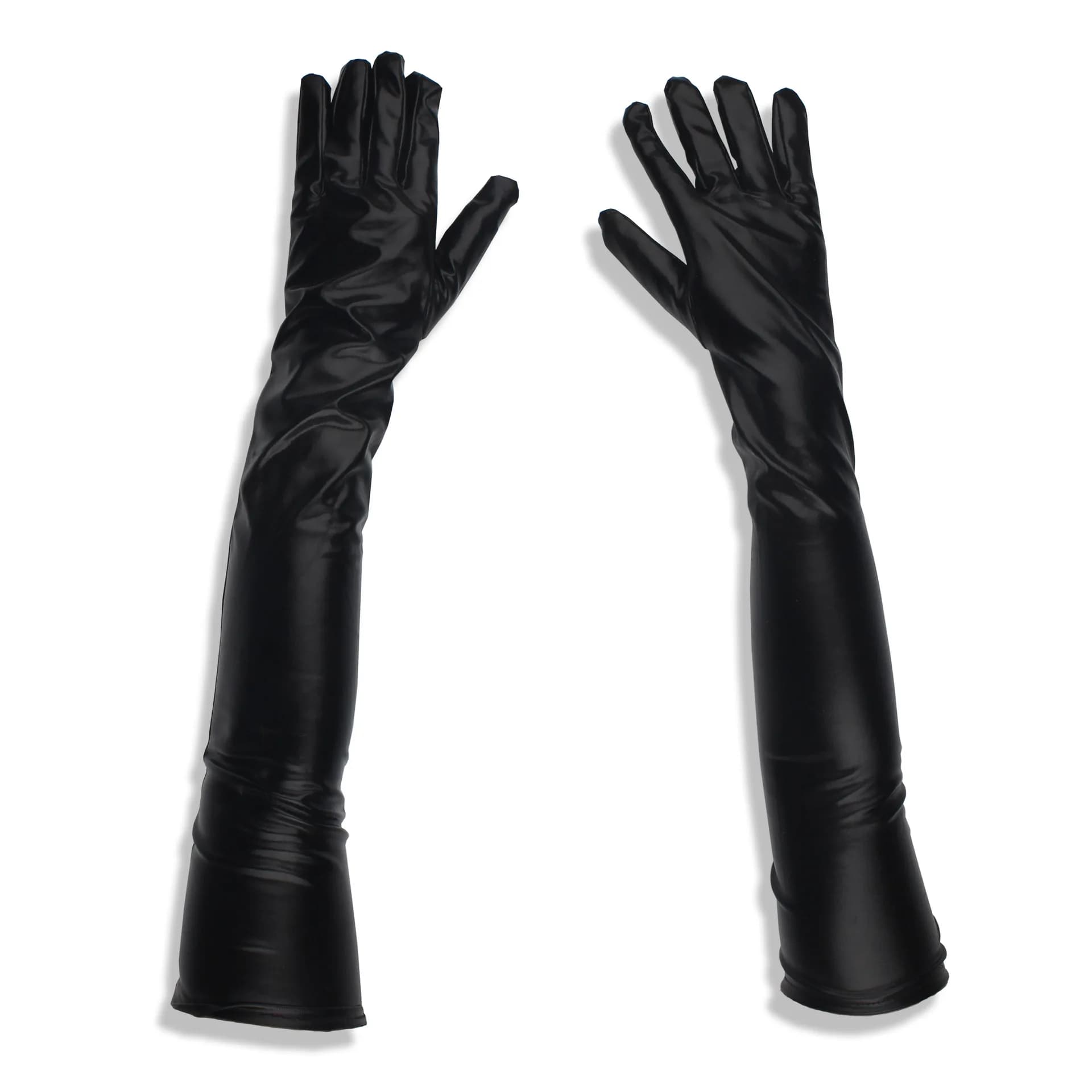 Guanti lunghi da donna in pelle dorata per costume in finta pelle verniciata in lattice, spettacolo cosplay con ampio polsino rovesciato nero