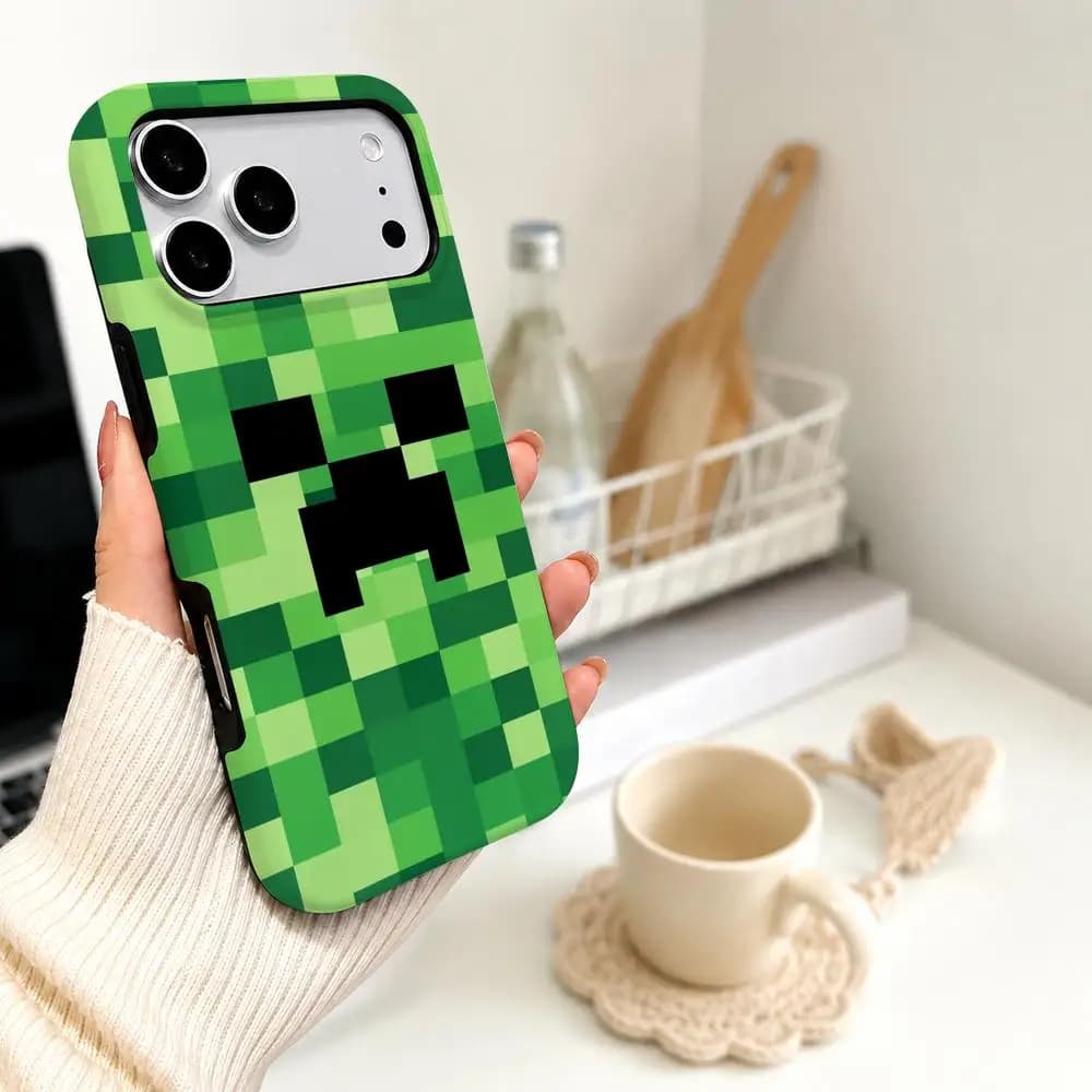 Hot Game Green Pixel Monster Cartoon Phone Case for iPhone 17 16 15 14 13 12 11 X XS XR 7 8 Air Pro Max Plus Double-layer Cover
