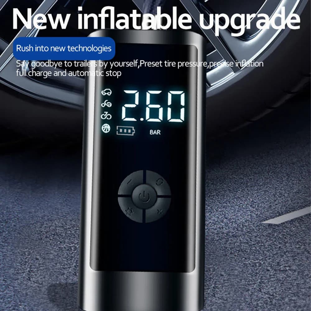Pompa di gonfiaggio per auto Display digitale intelligente Luce wireless Suono Riduzione del rumore Pompa di gonfiaggio per pneumatici Gonfiatore ad alta pressione per auto