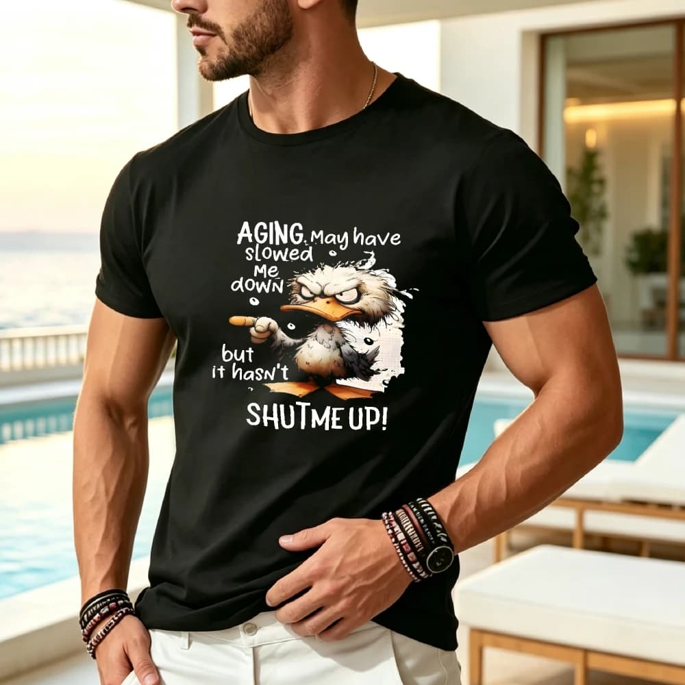 Plus Size Graphic Tee Men'S Funny Aging Humor T-Shirt 'Aging May Have Slowed Me But It Hasn'T Shut Me Up' Print Loose Fit Round Neck Short Sleeve Casual Top, Breathable Sweat-Wicking And Soft Suitable for Daily Commutes, Lounging at Home