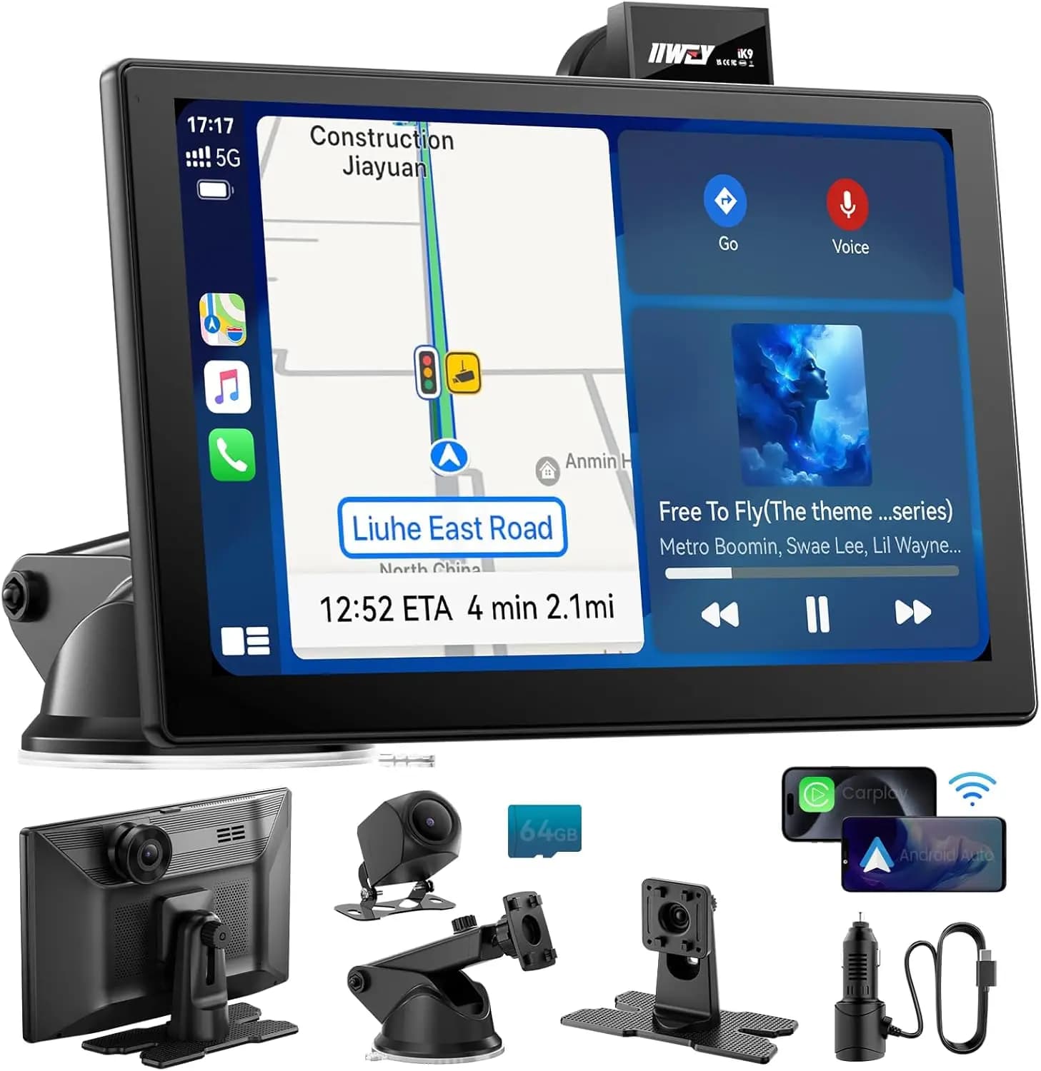 9 Inch Wireless Screen with CarPlay and Android Auto, Dash Cam 4K, Camera Rear, GPS Display, Mirror Link