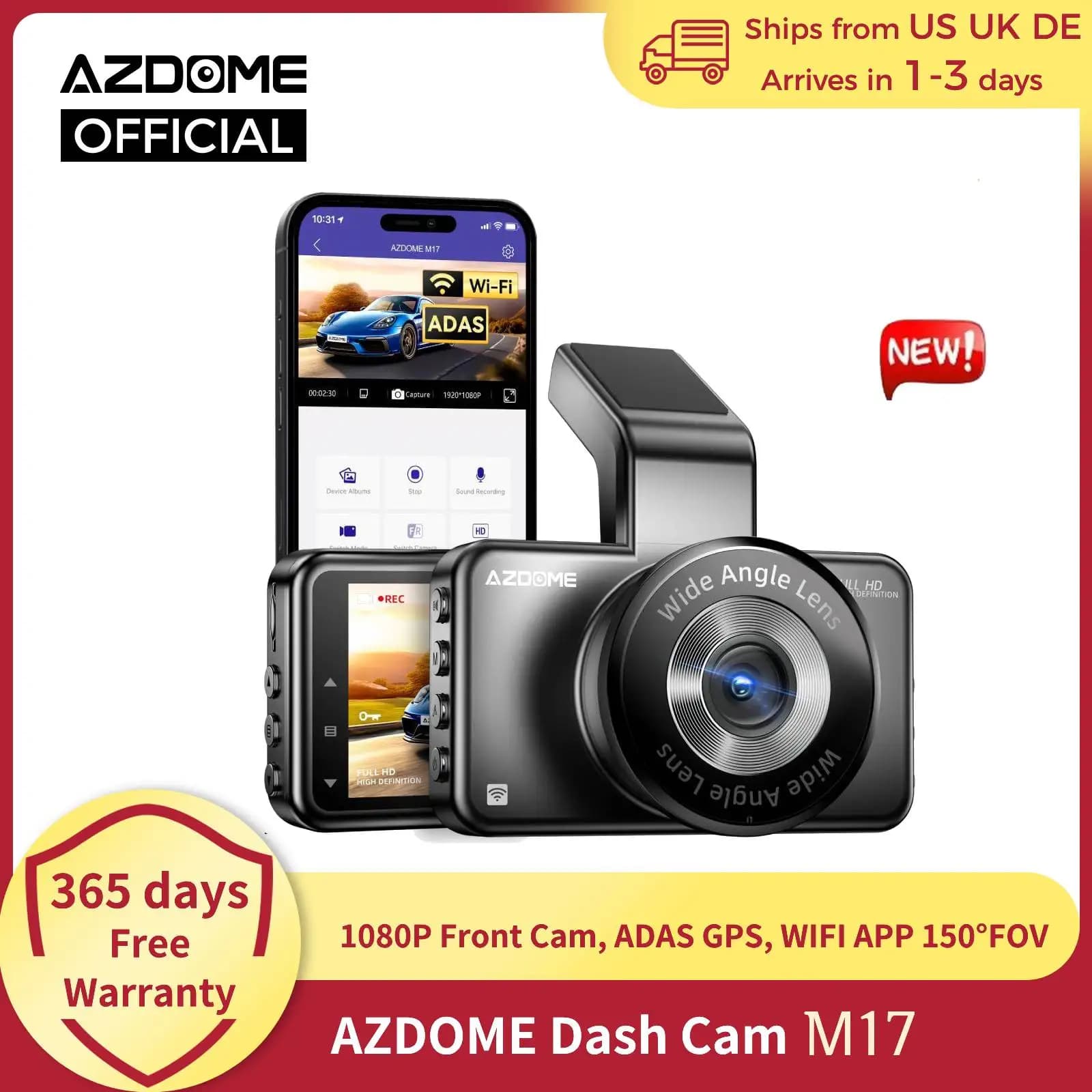 AZDOME Dash Cam M17 1080P Front Cam ADAS Integrated GPS Car Camera 24H Parking Monitor Night Vision Car DVR WIFI APP 150 ° FOV