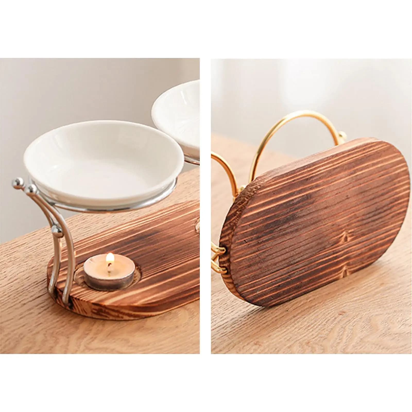 Ceramic Tealight Candlestick Holder Wood Base Oil Burner Diffuser Warmer for Bedroom Spa Meditation Farmhouse