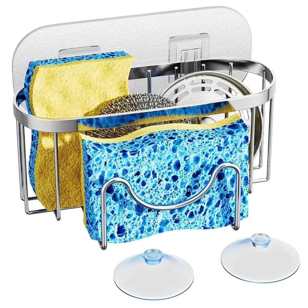 Stainless Steel Sink Sponge Holder with Suction Cups & Hook Hollow Drainage Rack Kitchen Organizer Rustproof Easy Clean
