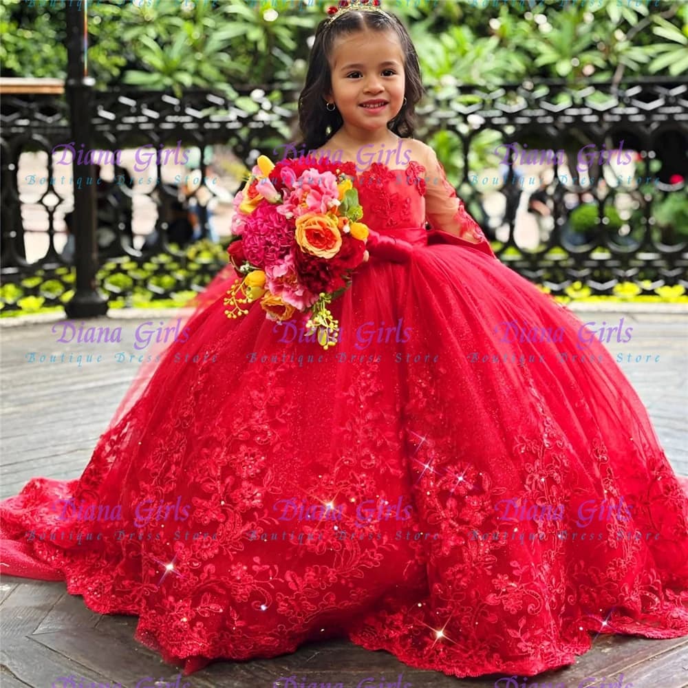 Quality Lovely Red Flower Girl Dress Tulle Fluffy Applique for Wedding Little Princess Kids Birthday Party Evening Ball Gowns