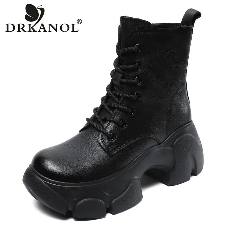 DRKANOL Handmade Retro Platform Mid Calf Boots Women Autumn Winter Thick High Heel Height Increasing Genuine Leather Warm Boots
