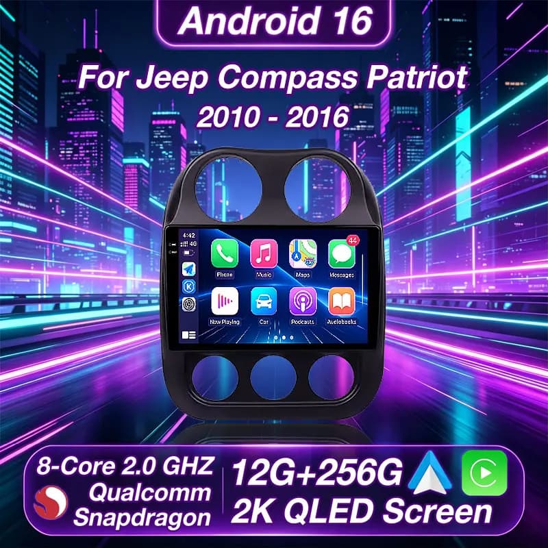 Autoradio Android 16 per Jeep Compass Patriot 2010-2016, Lettore Multimediale Video 2K QLED con GPS, Controllo Vocale AI e CarPlay