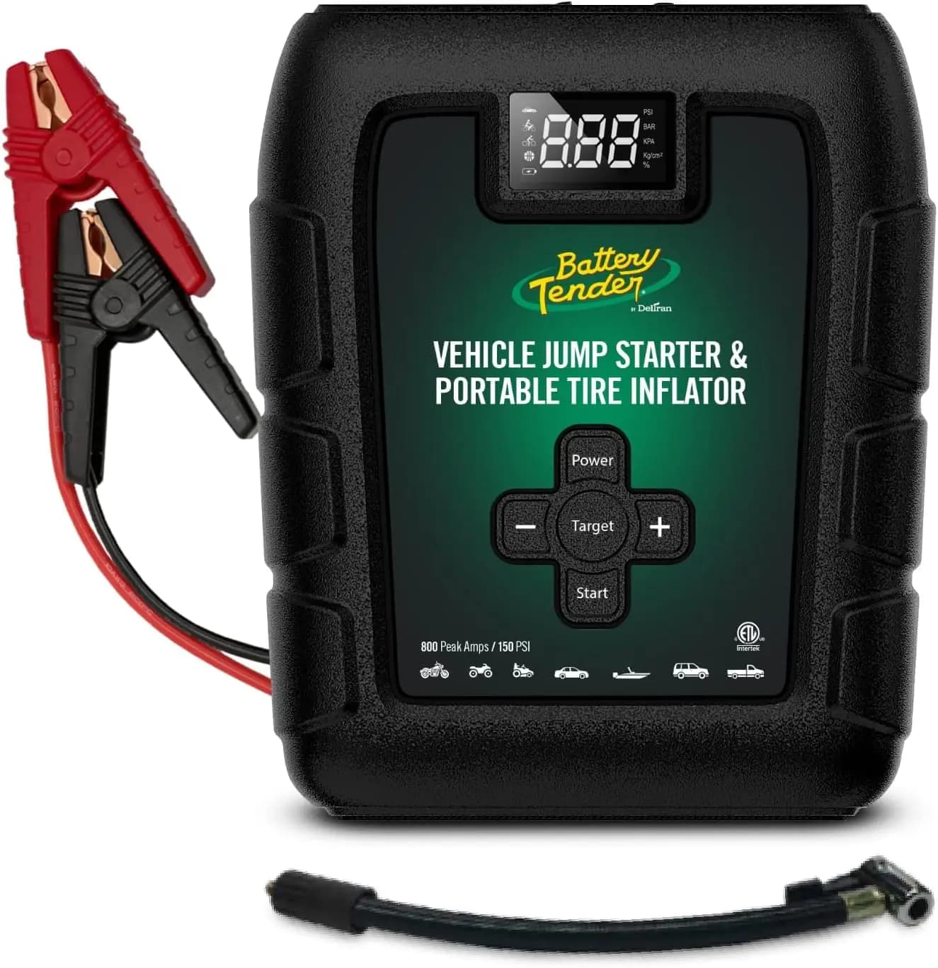 Avviatore di Emergenza 800 AMP con Gonfiatore Pneumatici, Torcia LED, Porte USB per Uso di Emergenza