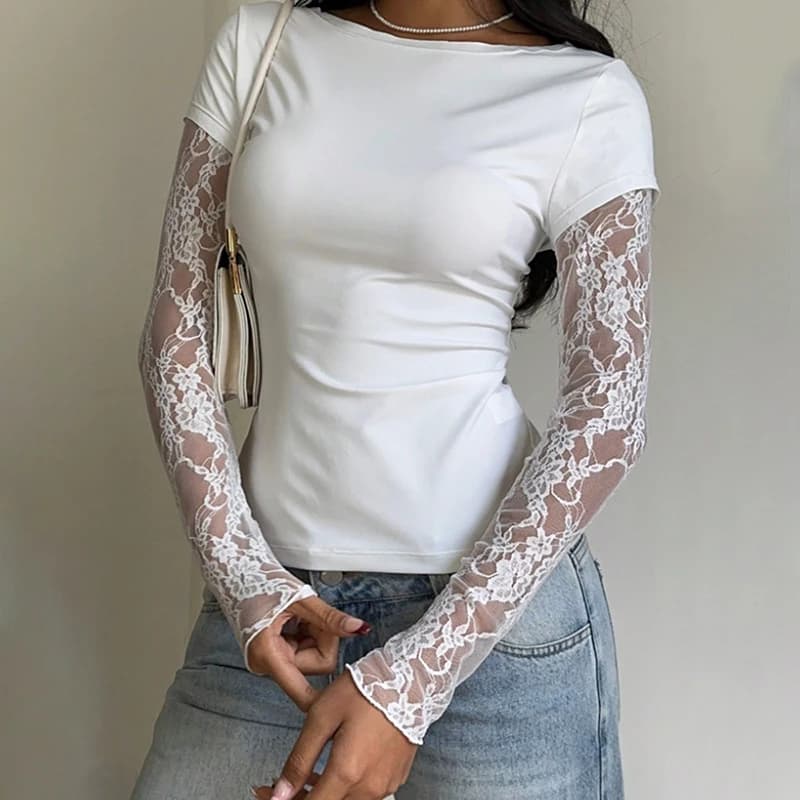 Tornova Maglia a Maniche Lunghe con Inserti in Pizzo da Donna, Top Sexy Slim Tinta Unita, Pullover di Tendenza Estate 2026, Top da Club per Ragazze Hot