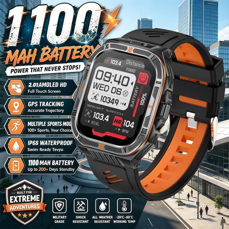 2026 New Military Grade Smart Watch Men 2.01" AMOLED Screen 3ATM Waterproof Simming Sports Fitness Tracker BT Call Smartwatches