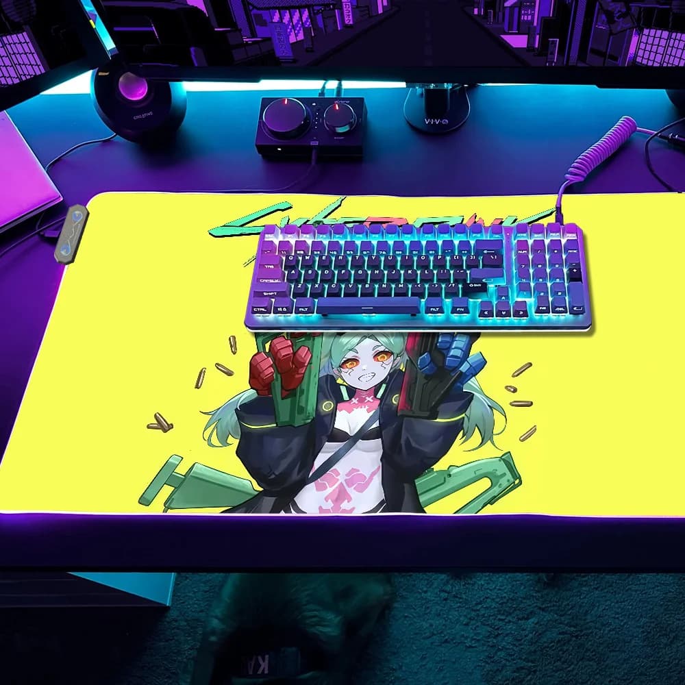 Tappetino per Mouse da Gaming RGB LED Cyberpunk Anime Girl, Tappetino da Scrivania Antiscivolo in Gomma, Tappetino Esteso Impermeabile per Tastiera
