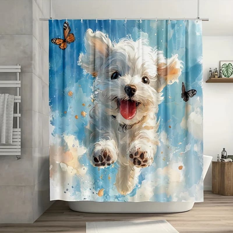 Simpatica tenda da doccia per cuccioli bianchi: correre con farfalle e nuvole, poliestere 71x71 pollici, lavaggio a mano, arredamento estivo per il bagno