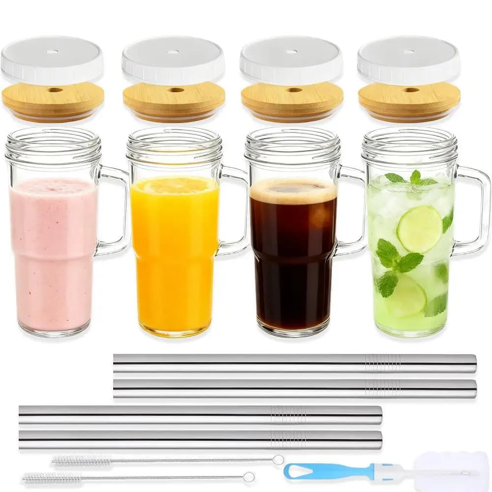 4 Pack 31oz Glass Mugs with Handles, Mason Jar Drinking Cups with Bamboo Lids & Plastic Lids, Reusable Metal Straws & Cleaning Brushes, Iced Coffee Smoothie Boba Tea Glass Tumbler Set