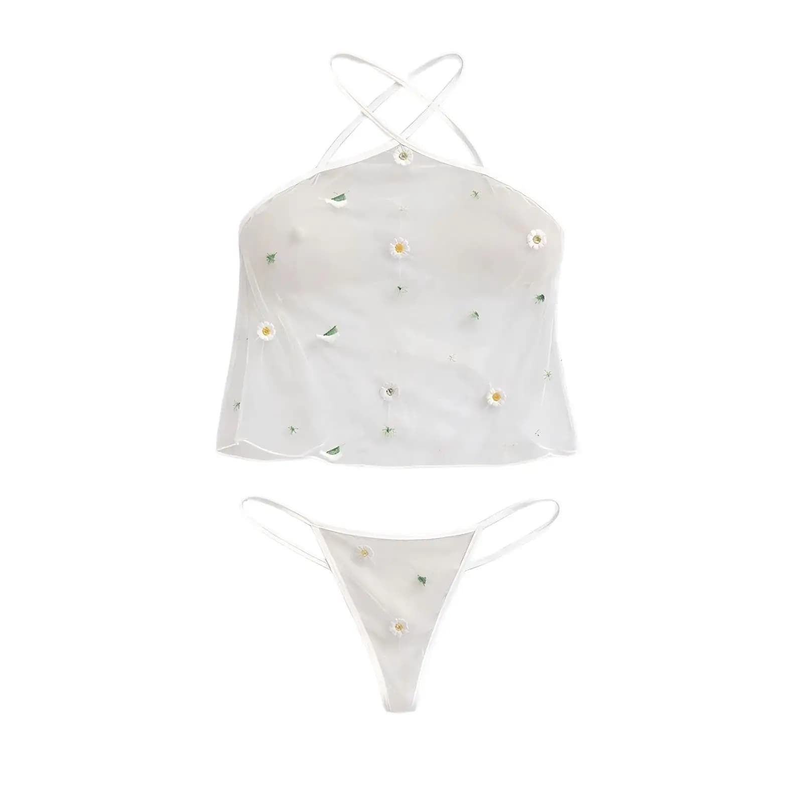 Completo Intimo Sexy da Donna in Rete Trasparente, Top Halter con G-string e Perizoma, Due Pezzi, Lingerie Erotica da Notte
