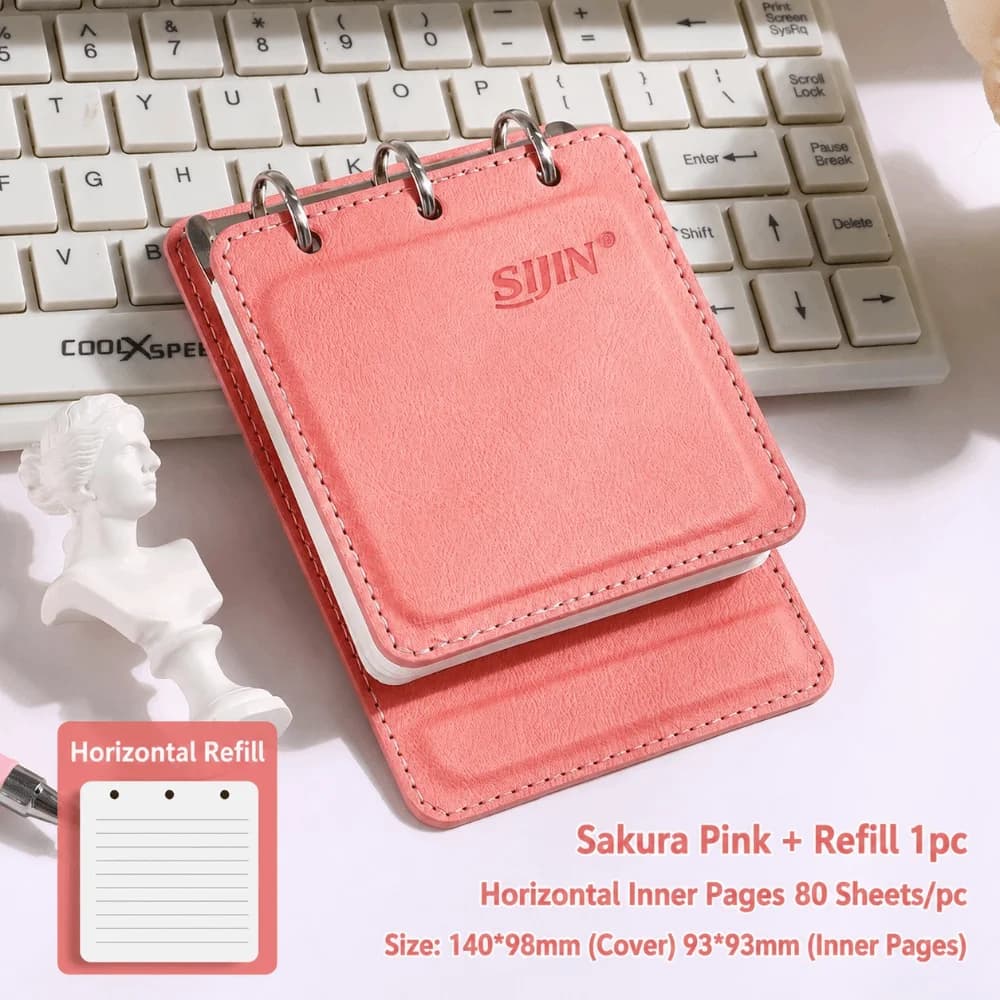 Portable A7 Pocket Notebook 3-Ring PU Leather Binder Journal with Removable Lined Paper Memo Pad Students