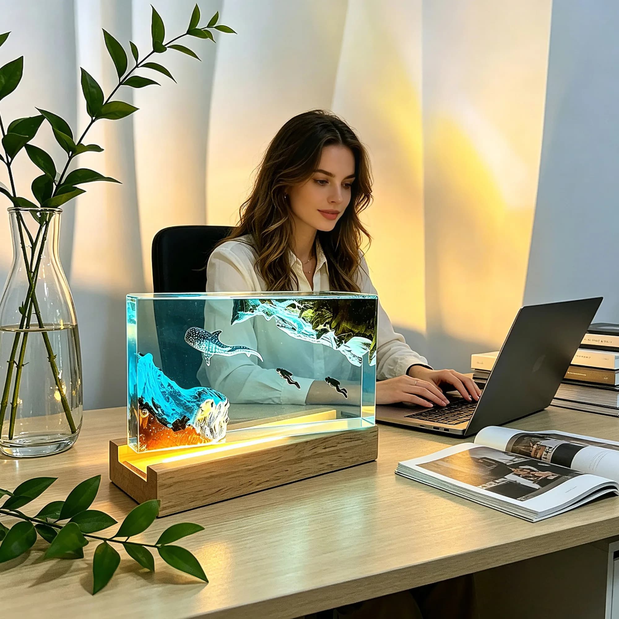 Lampada da Tavolo in Resina con Organismi Marini, 2 Subacquei, Luce Notturna per Esplorazione del Fondale Marino, Decorazione per Camera da Letto e Ufficio