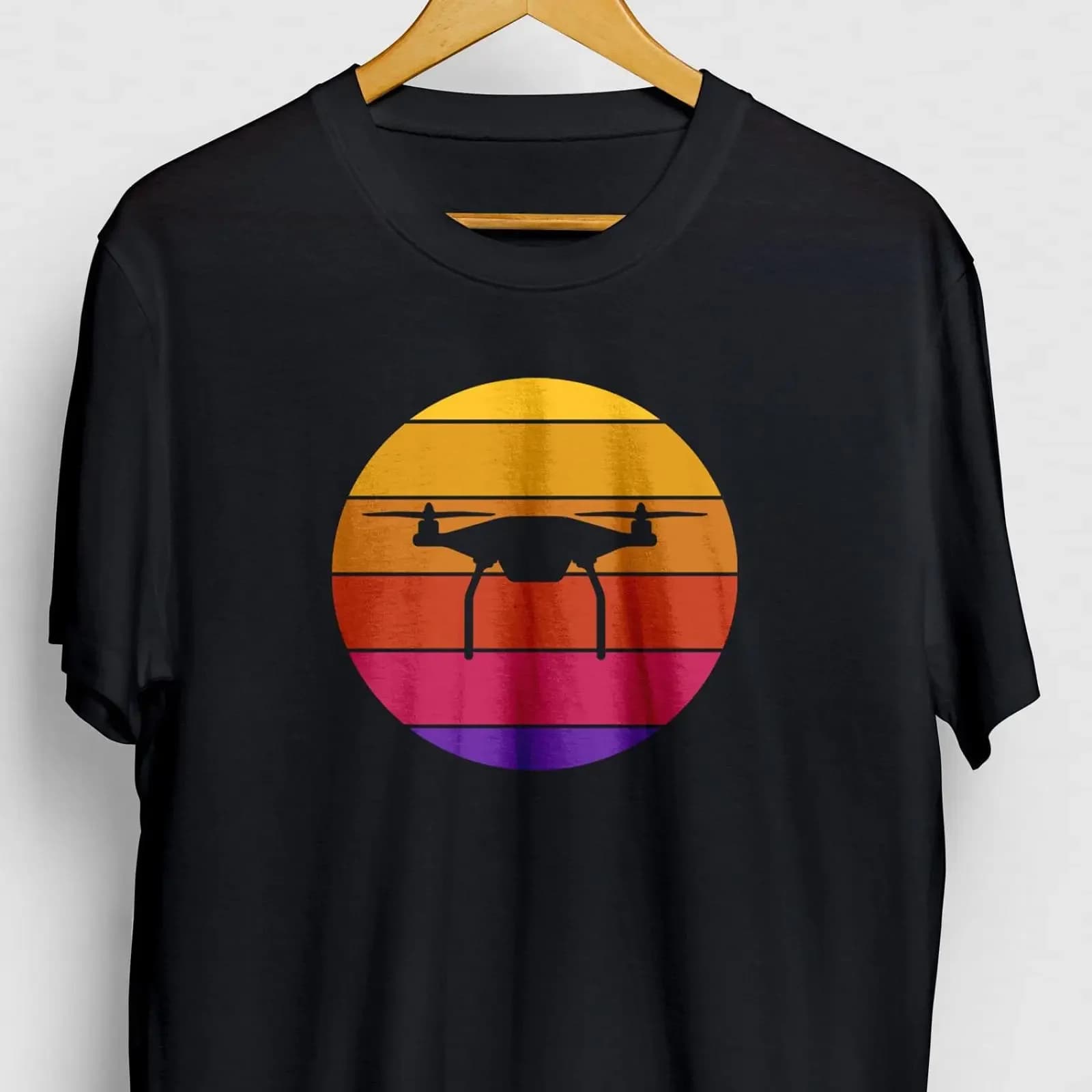 Retro 80s Sunset Drone Pilot T Shirt Aerial Photography Quadcopter Lover Casual vintage Washed Top For Everyday Wear Soft