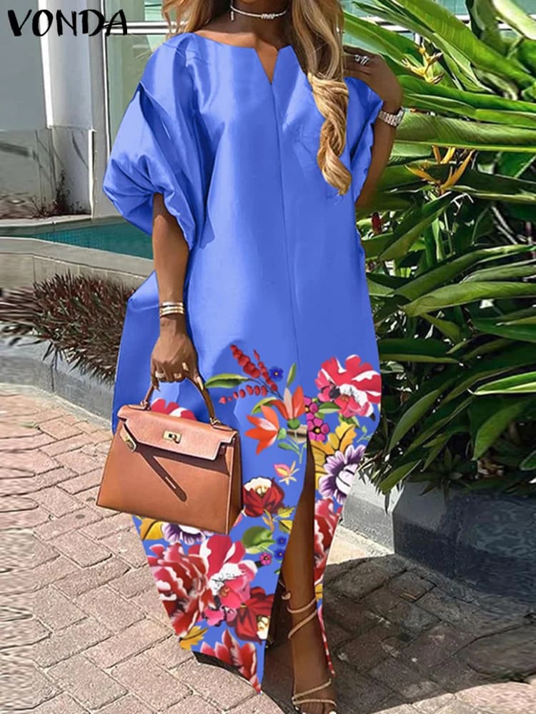 Long Maxi silk satin dress bohemian 2025 Women's summer dress Stylish half sleeve with V-neck Dresses Large casual oversize