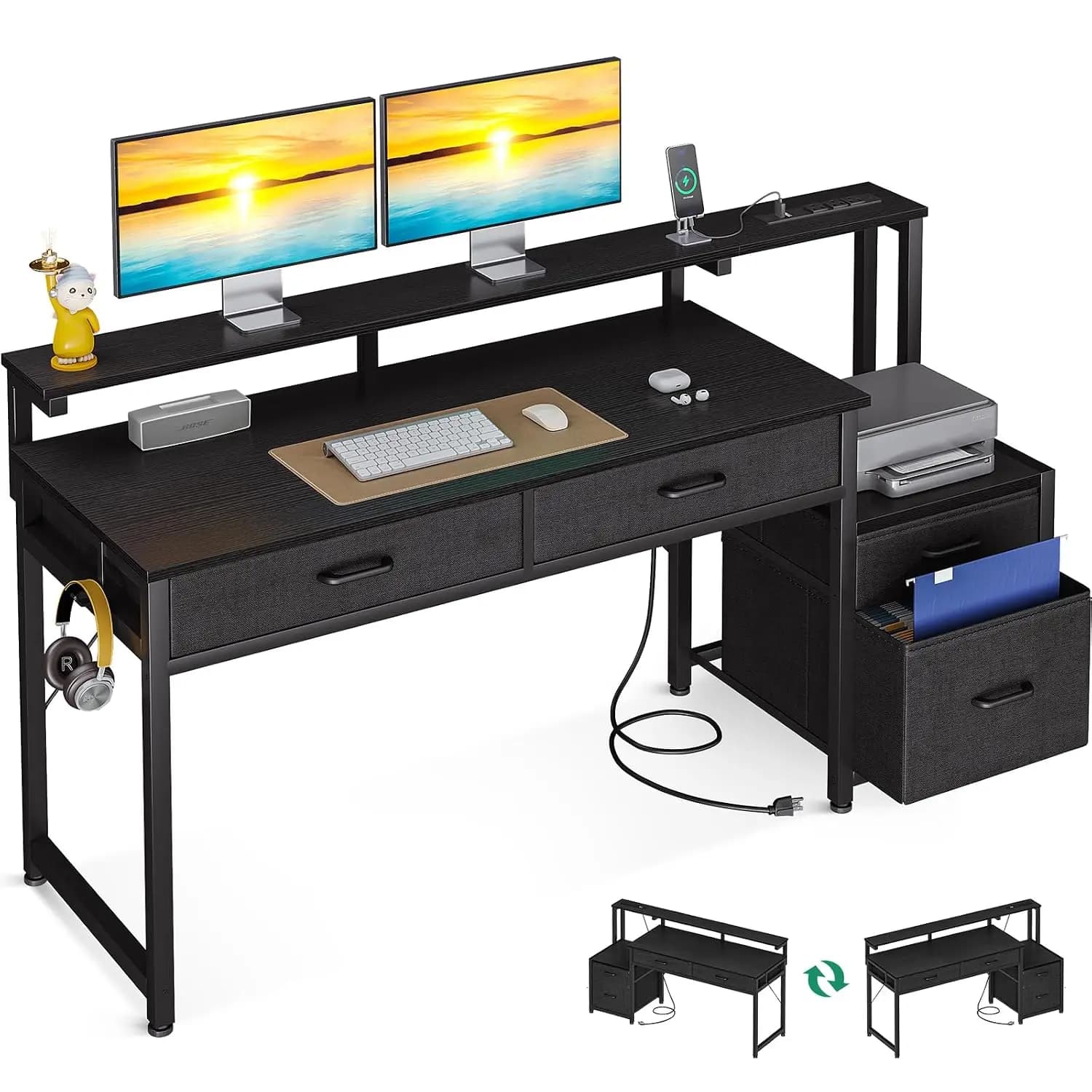 AODK 4-Drawer Desk, 55 Inch Office Desk with Printer Shelf & Power Outlet, Monitor Stand Workstation for Home Office, Black, Cus