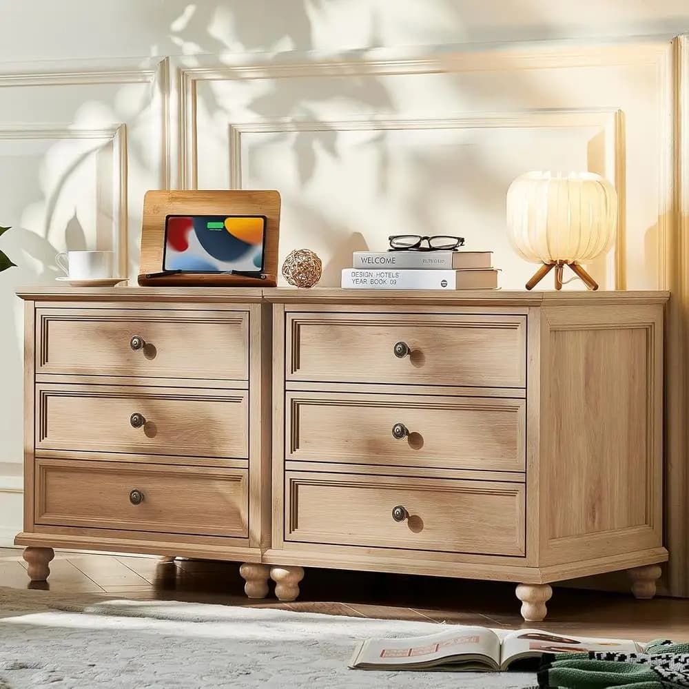 2-Piece Wide Armhouse Nightstand Set with Drawers and Metal Handles, Suitable for Bedroom or Living Room
