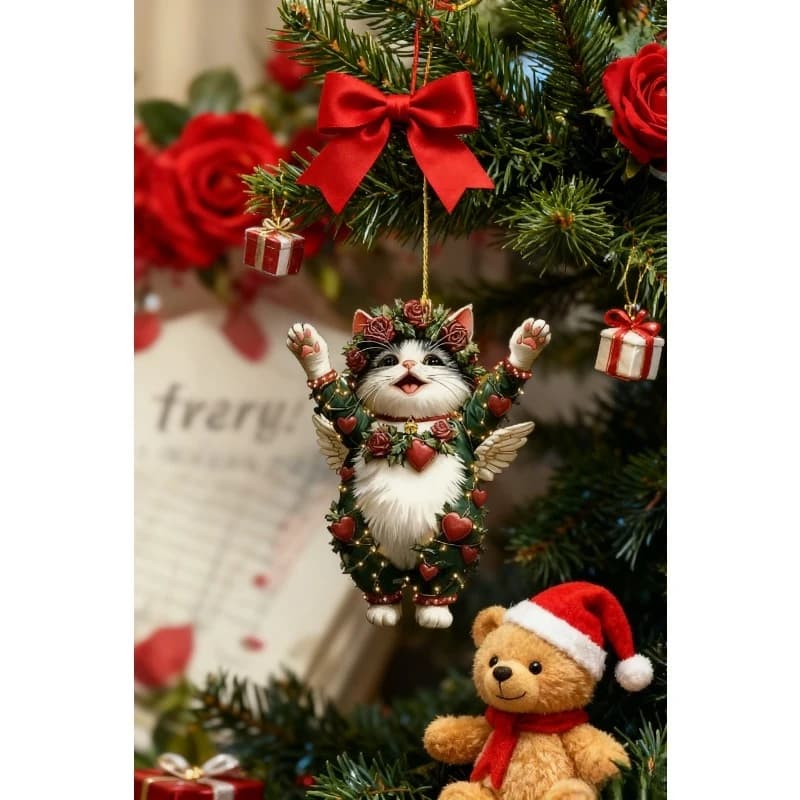 Gatto carino piatto 2D con gancio per specchietto retrovisore per auto rosa e ornamento per albero di Natale 2026 Decorazione per feste di Capodanno