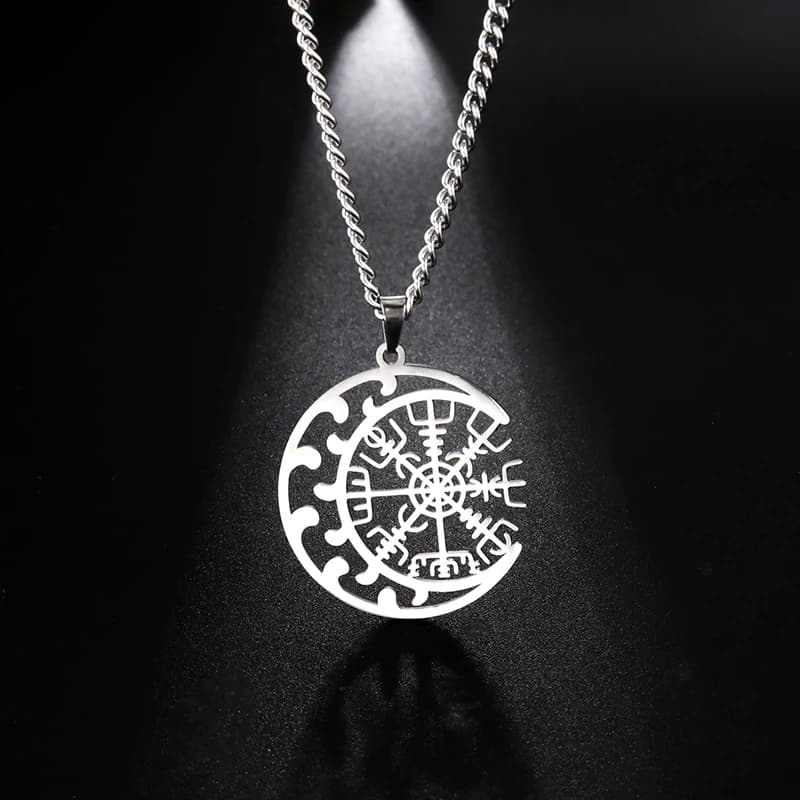 Vegvisir Stainless Steel Compass Necklaces for Men Norse Runes Amulet Helm of Awe Pendant Supernatural Moon Jewelry