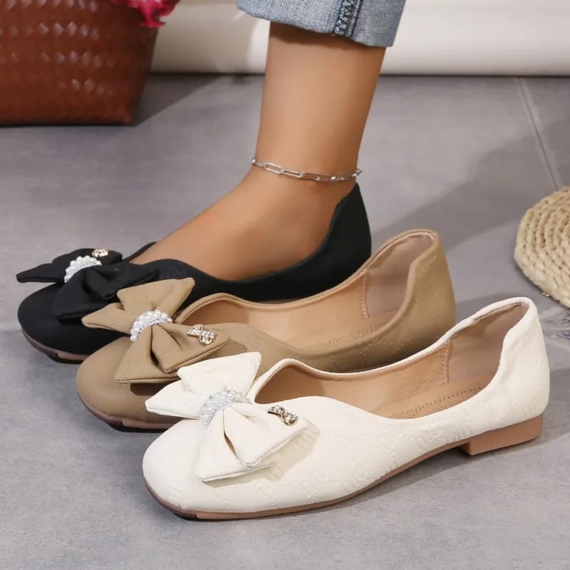 Women's Bow Pearl Ballet Flats 1.3cm Low Heel Square Toe Slip on Loafers Soft Casual Work Shoes Black Comfortable Daily Footwear