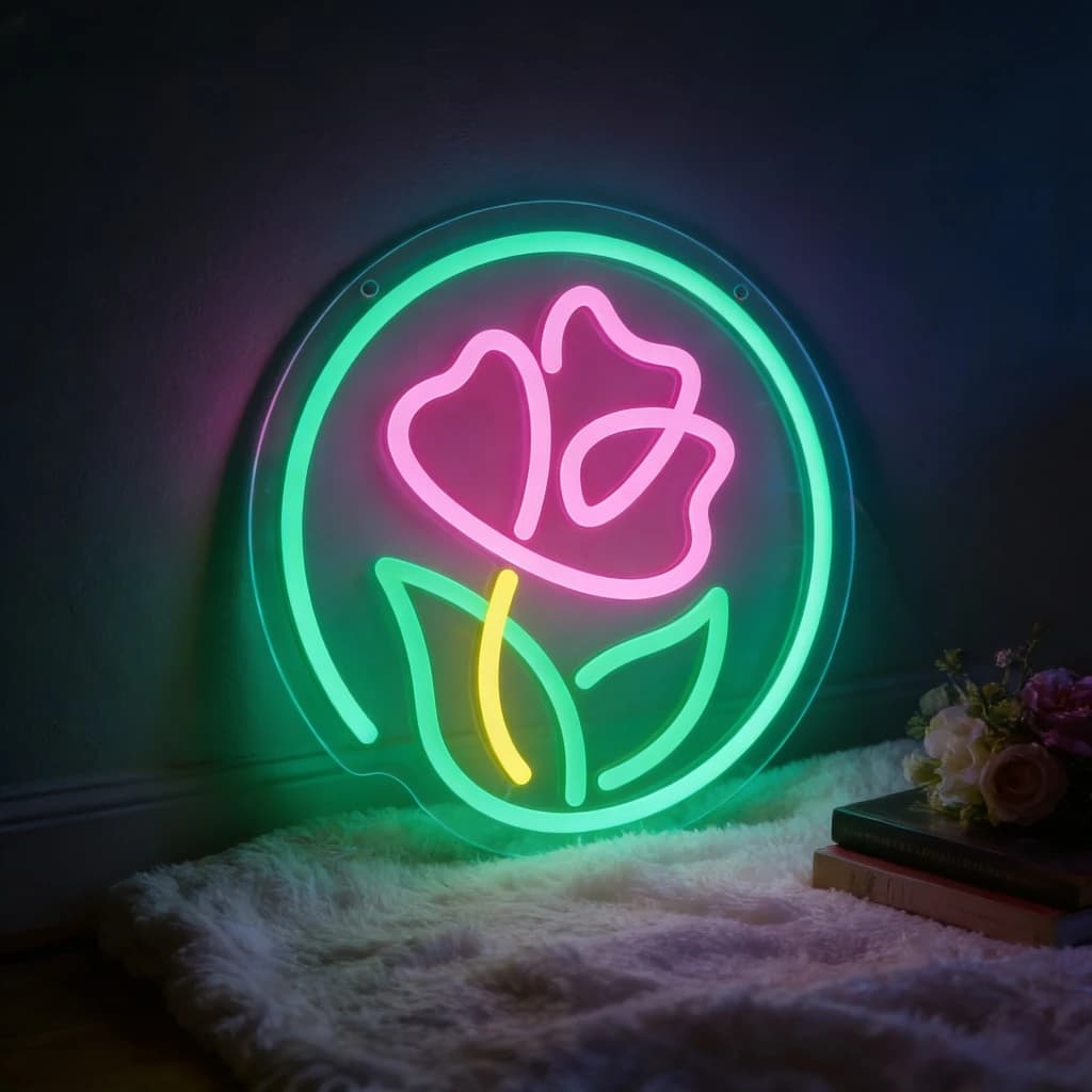 Insegna LED Neon a Cerchio Floreale, Dimmerabile USB, Decorazione Murale Floreale, Luce Neon per Soggiorno, Camera da Letto, Studio Yoga, Arredamento Boho, Regalo