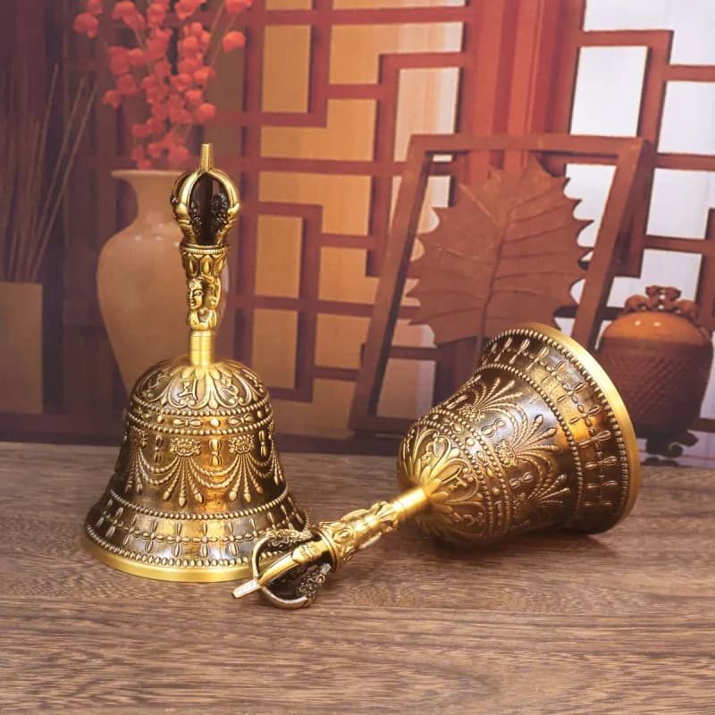 Tibetan Style Brass Three-Headed Demonic Subduing Bell Temple Tibetan Lama Handheld Six-Word Mantra Bell Copper Craft Ornament