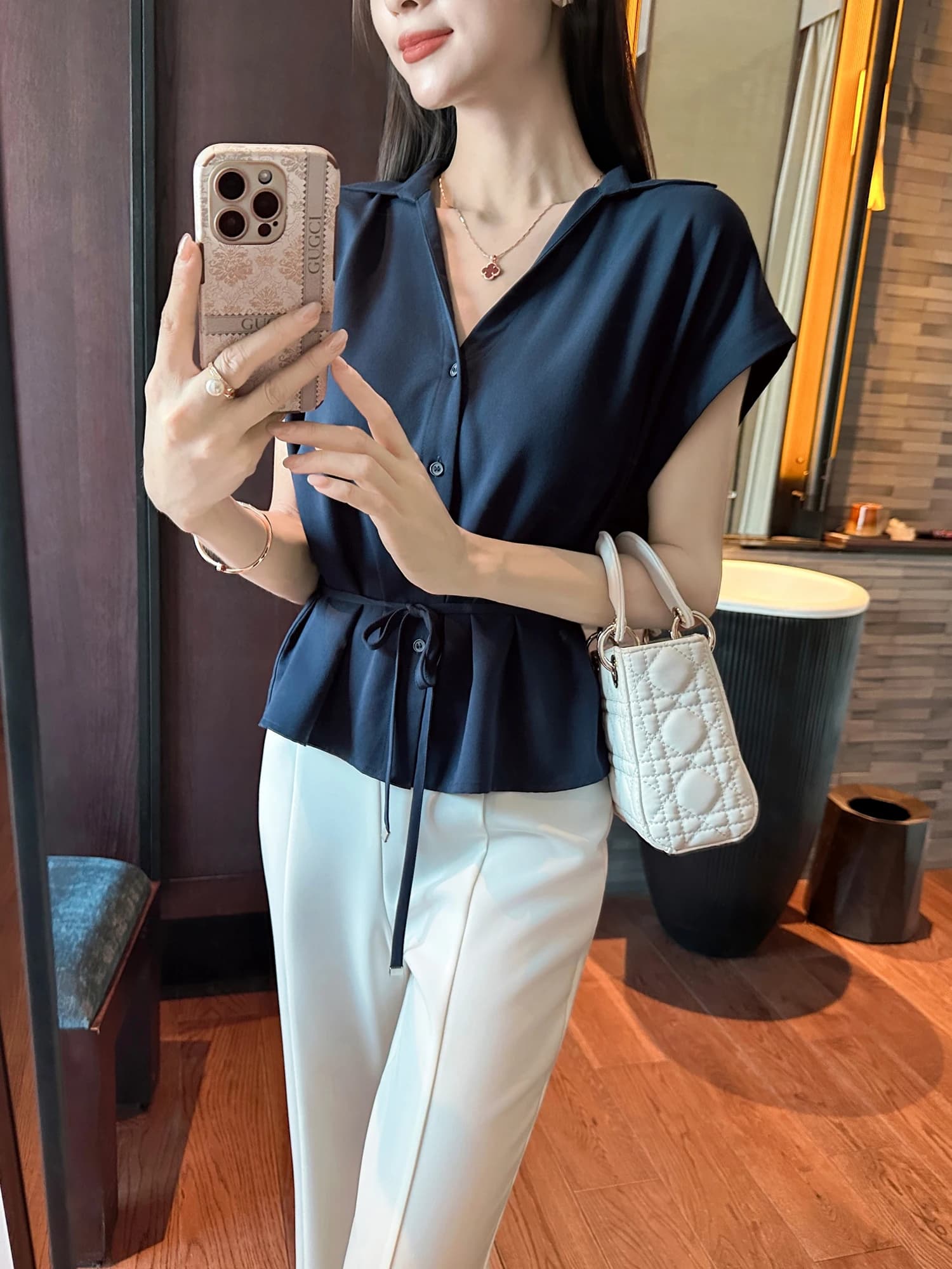 You See Workwear Style Shirt Belted Waist Slim Fit Collar Stand up Short Sleeve Skin-friendly Breathable Simple Design for Women