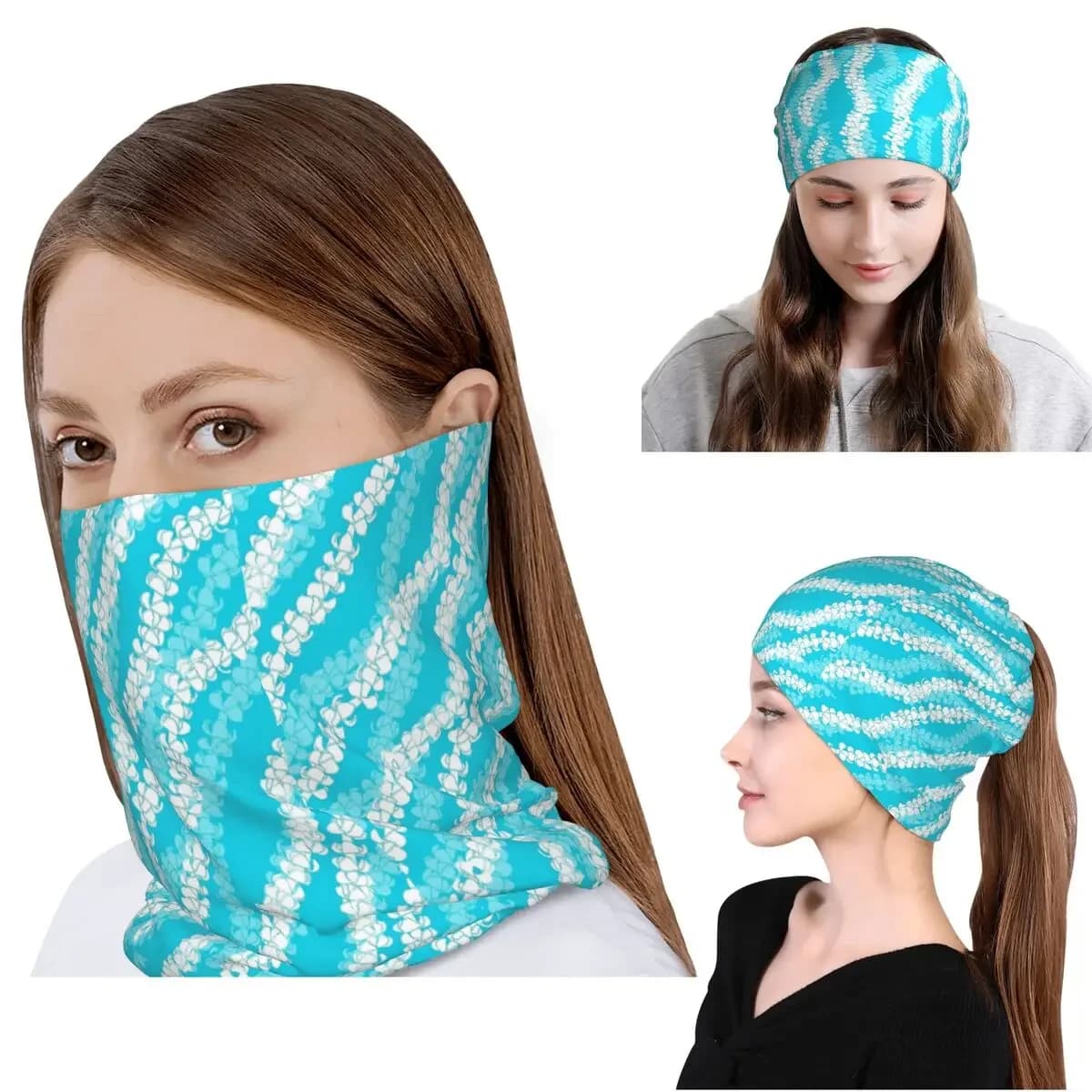 Puakenikeni Single Leis On Turquoise Bandana Neck Cover Mask Scarf Multifunction Headband Beanies Hat Unisex Adult Winter