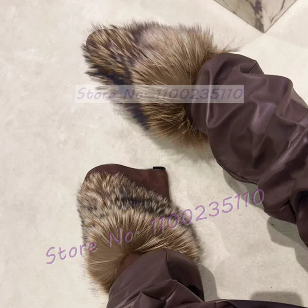 Stivaletti con zeppa con plateau avvolgente in pelliccia marrone Tendenze donna Punta tonda Scarpe da neve invernali Donna Slip On Patchwork Stivali con aumento peloso